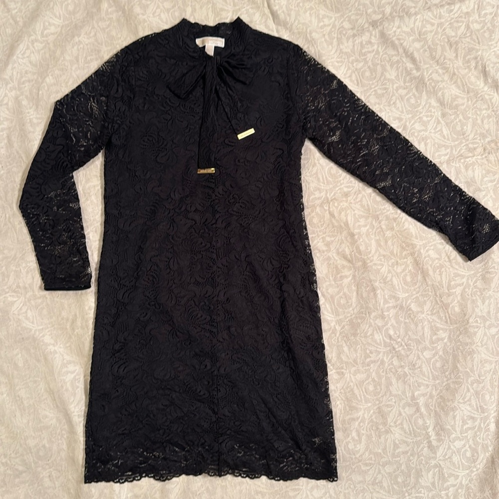 Michael Kors Black Lace Midi Long Sleeve Dress with Tie Front, size 6